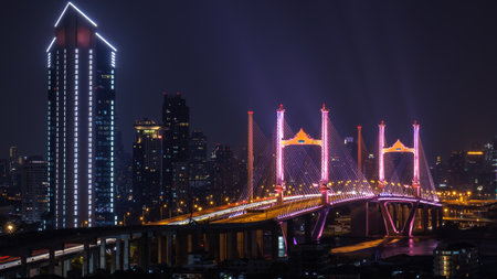 Rama IX or well know Rama 9 Bridge and new frontage bridge. Bhumibol Bridge, most important lanmark, Bangkok , Thailand. Cross Chao Praya River main river of Thailand.の写真素材
