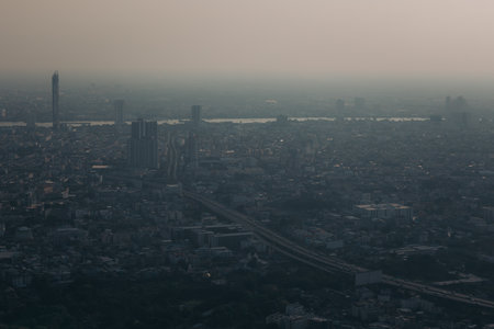 Pollution, pm2.5 dust in the city at bangkok thailand, aerial view.の写真素材
