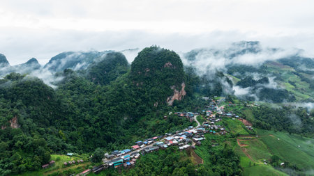 landscape view at morning mist at Ban Ja Bo view point, Mae Hong Son Province Thailand, aerial drone point of view.の写真素材
