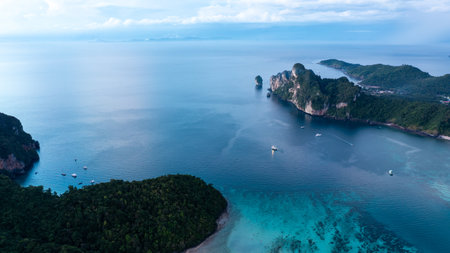 high angle view camera from drone, of Phi Phi Island, Phuket Province during the high season in Thailand.の写真素材