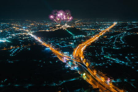 Phetchaburi cityscape and Fireworks annual festival at ancient place Phra Nakhon Khiri (Khao Wang) thailand, aerial drone point of view,の写真素材