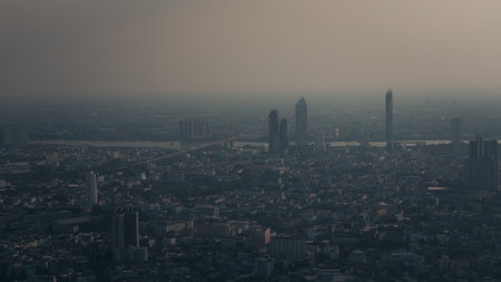 Pollution, pm2.5 dust in the city at bangkok thailand, aerial view.