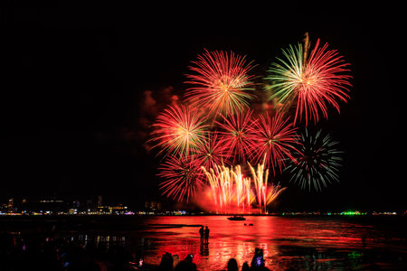 PATTAYA, THAILAND, Real Fireworks at Pattaya bay, Pattaya national Fireworks Festival contest, November of every Year, Beautiful of bright light fireworks Show for postcard, wallpaper, background, photo, web, page, magazine, social.の写真素材