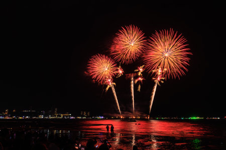 PATTAYA, CHONBURI, THAILAND, Real Fireworks at Pattaya bay, Pattaya national Fireworks Festival...