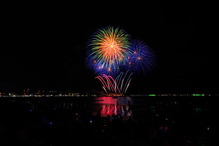 PATTAYA, THAILAND, Real Fireworks at Pattaya bay, Pattaya national Fireworks Festival contest,...