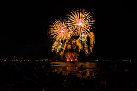 PATTAYA, THAILAND, Real Fireworks at Pattaya bay, Pattaya national Fireworks Festival contest,...