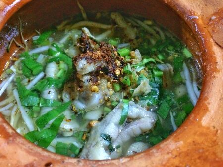 Top view Chicken noodle soup at Ayutthaya, Thailand.の写真素材