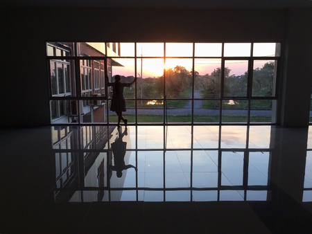 Silhouette of woman stands by looking through the window.の写真素材