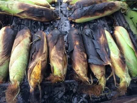 Corn on the Cob grilling on a Grillの写真素材