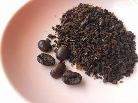 Coffee beans and coarse grind powderの写真素材