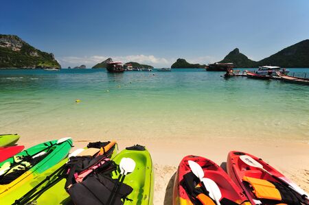 Kayaks on a beautiful beachの写真素材