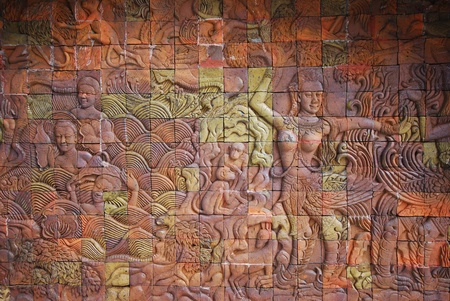 Traditional Thai baked clay art on the wallの写真素材