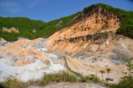 Jigokudani valley, active volcano in Noboribetsu, Hokkaido, Japanの写真素材