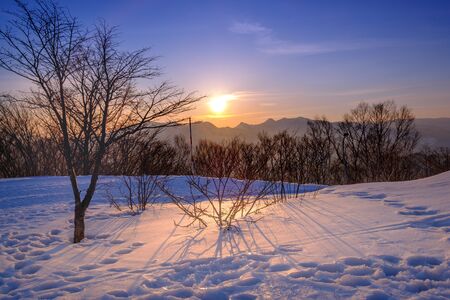 Sunset view on the top of Moiwa mountain in winter snowの写真素材