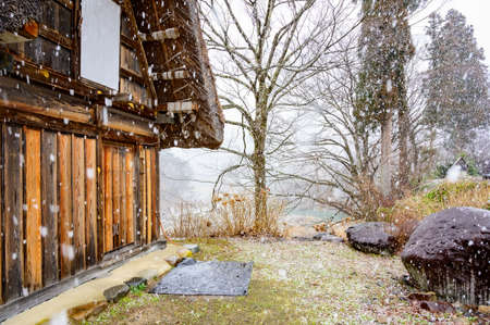 Winter of Shirakawago historic village with snow falling, Ono district, Gifu prefecture, Japanのeditorial素材