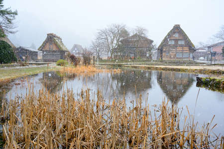 Winter of Shirakawago historic village with snow falling, Ono district, Gifu prefecture, Japanのeditorial素材