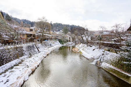 Landscape view from Nakabashi Bridge in Takayama, Hida region, Gifu prefecture, Japanの写真素材
