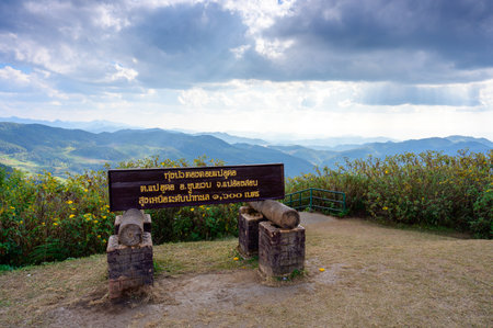 Doi-Mae-U-Kho signpost on the top of Doi Mae U Kho viewpoint with Bua Tong Field, Khun Yuam District, Mae Hong Son, Thailand. TEXT TRANSLATION: "Doi-Mae-U-Kho mean sea level 1,600 meters"の写真素材