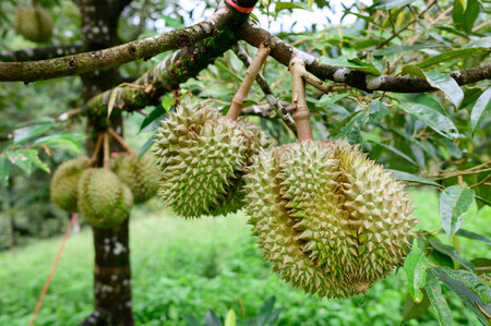 Fresh durians on tree in an orchard, tropical fruit.の写真素材