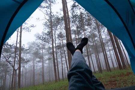 relaxing your feet out in the quiet forest morningの写真素材