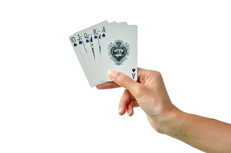 Playing cards in hand isolated on white background のeditorial素材