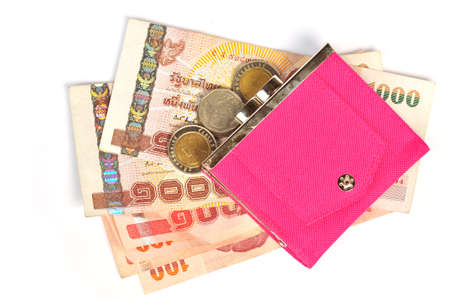 Pink wallet with money isolated on white background の写真素材