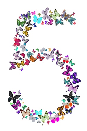 Number five composed by butterflies on white background  See the whole series  の写真素材