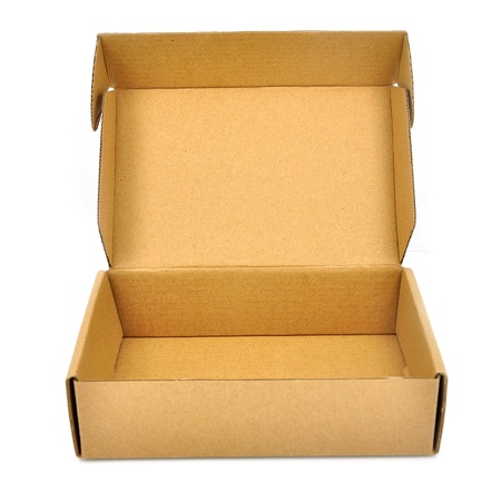 Open brown cardboard box isolated on a white background. 