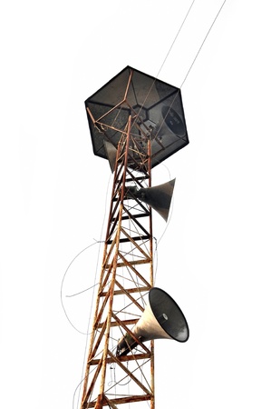 Speaker on high tower isolated on white の写真素材