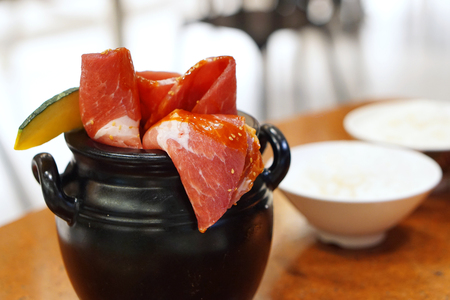 Red BBQ Sauce Marinated Kurobuta Pork in Korean Jar, Prepare to grilled for Korean Style Barbecue.の写真素材
