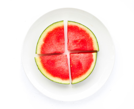Watermelon slice put on plate on white backgroundの写真素材