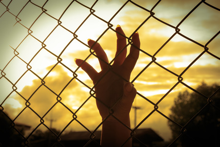 Female hand holding on chain link fence, Vintage tone style.の写真素材
