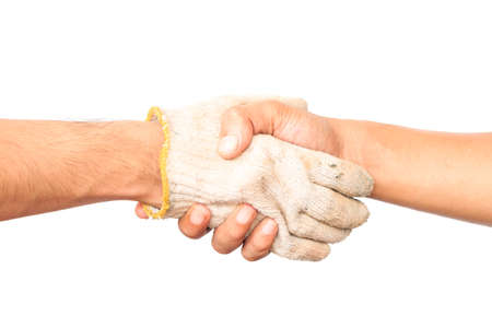 Shaking hands of two male people, isolated on whiteの写真素材
