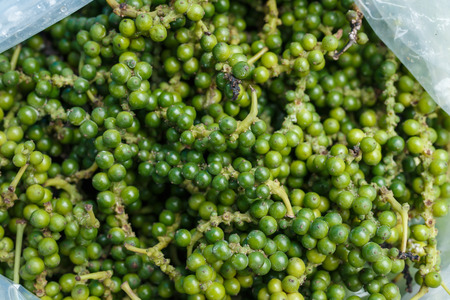 Bunches of fresh green pepper on sale at market