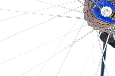 Rear bicycle wheel on white backgroundの写真素材