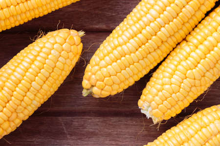 Fresh sweet corn on wooden table