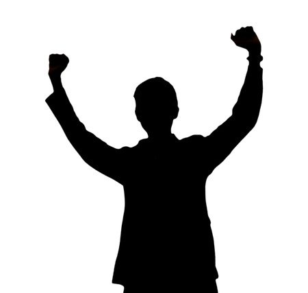 Silhouette of man showing his hand on soft white background, Successful business concept.の写真素材