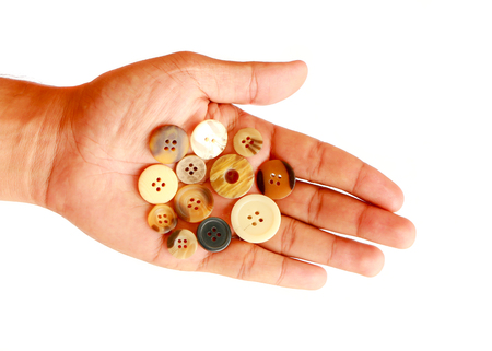 Man hand with button isolated on white background.