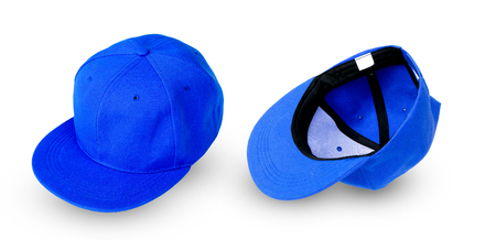 Blue baseball cap isolated on white backgroundの写真素材
