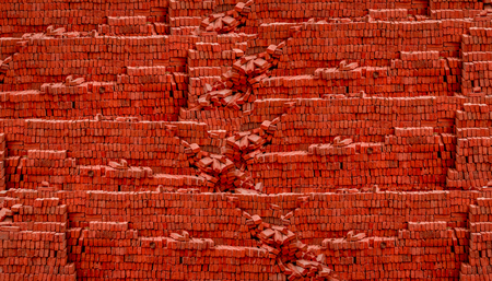 Heap red brick at construction site isolated on white background with blank space for texts display
