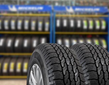 Close up tires for sell at the shopの写真素材