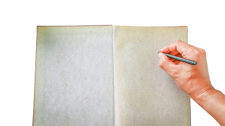 Human hand showing write something isolated on white backgroundの写真素材