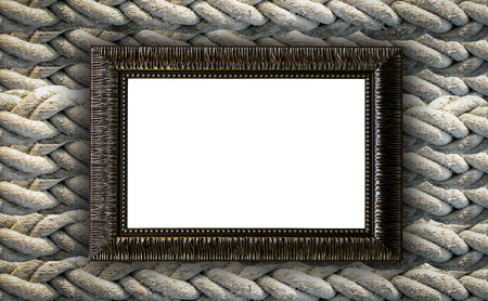 Vintage wooden frame on rustic rope with empty space insideの写真素材
