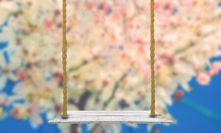 Wooden tabletop with blurred image of sakura pink flowers background use for products displayの写真素材