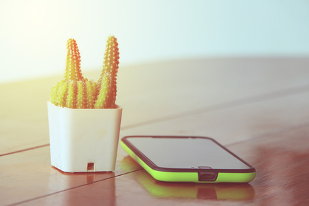 mobile phone put on tabletop with cactus in white potの写真素材