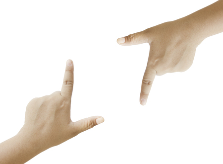 Woman hand touching screen Isolated on white backgroundの写真素材