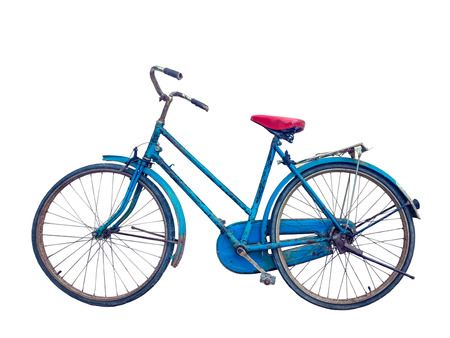 Close up old rustic blue bicycle isolated on white backgroundの写真素材