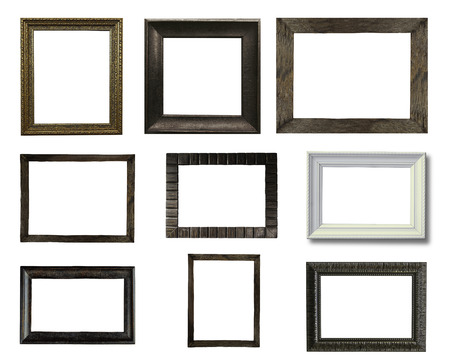 Close up group of old vintage wooden picture frame isolated on white with space use for texts or products displayの写真素材