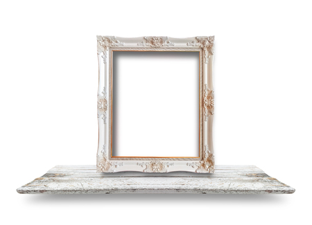 Close up vintage picture frame isolated on white background with space use for picture or texts displayの写真素材
