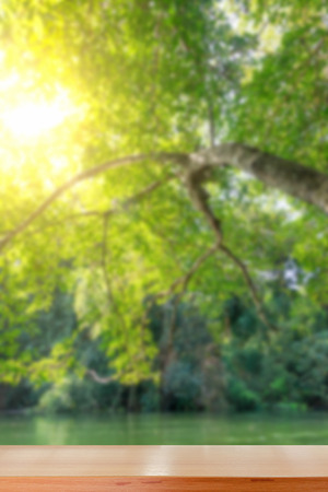 Empty wooden tabletop and green natural spring blur bokeh nature backgroundの写真素材